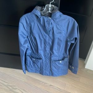 North Face blue rain jacket with hood size small